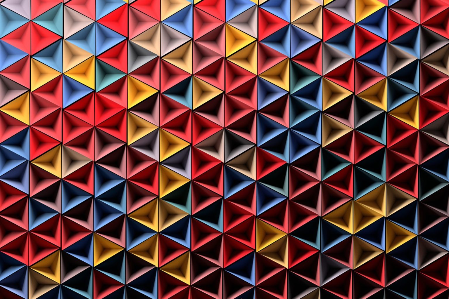 Background with randomly colored red blue yellow geometric shapes - small inverted pyramids. 3d illustration.